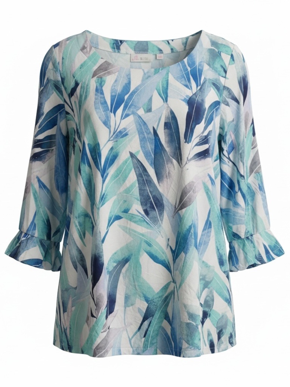 Belle by Kim Gravel Blue & Teal Leaf-Print Ruffle-Sleeve Blouse